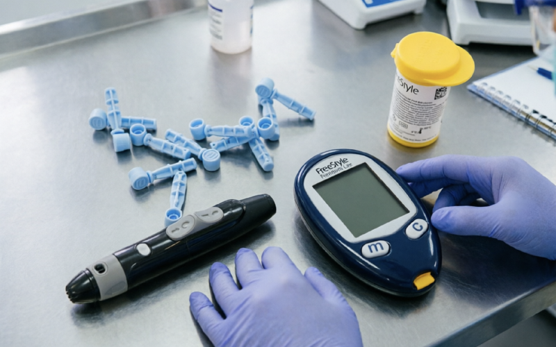 Criança medindo glicose no sangue para controle do diabetes tipo 1