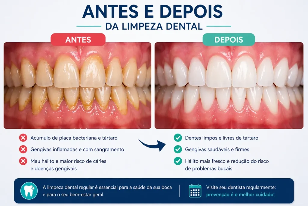 Dentes antes e depois da remoção de tártaro