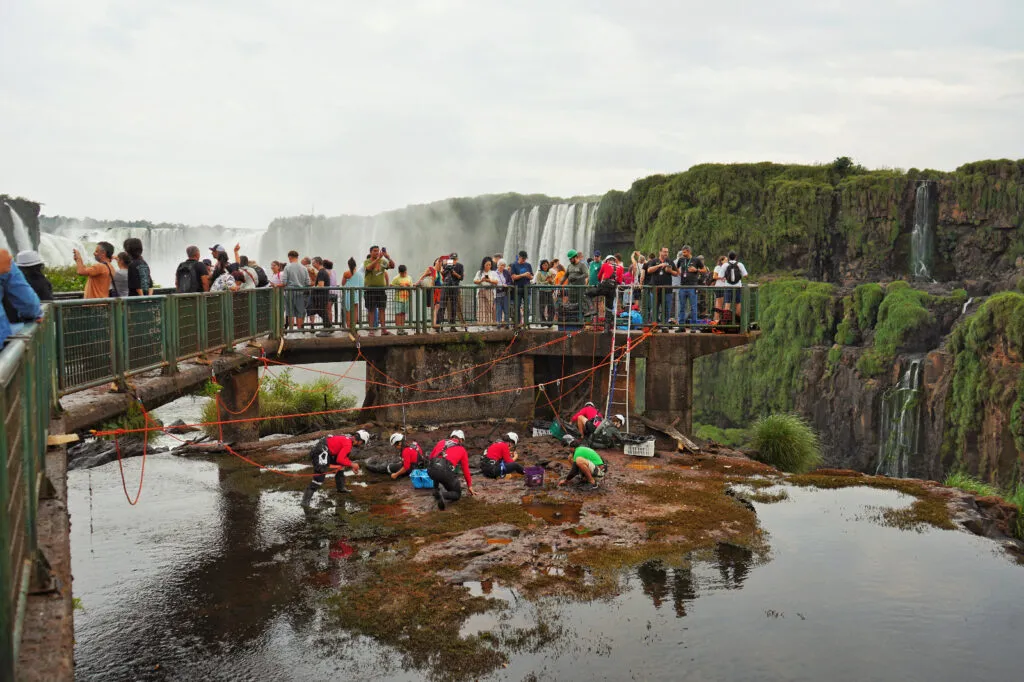 Funcionários da Urbia Cataratas recolhendo moedas do Rio Iguaçu