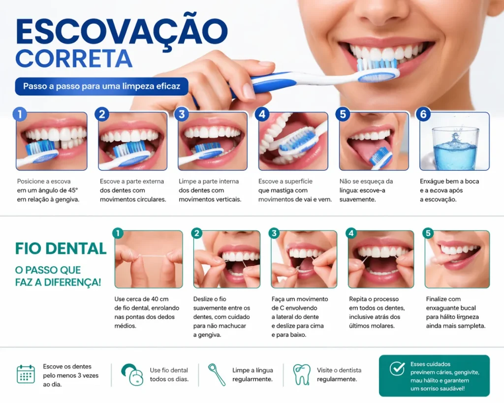Uso correto do fio dental e escovação