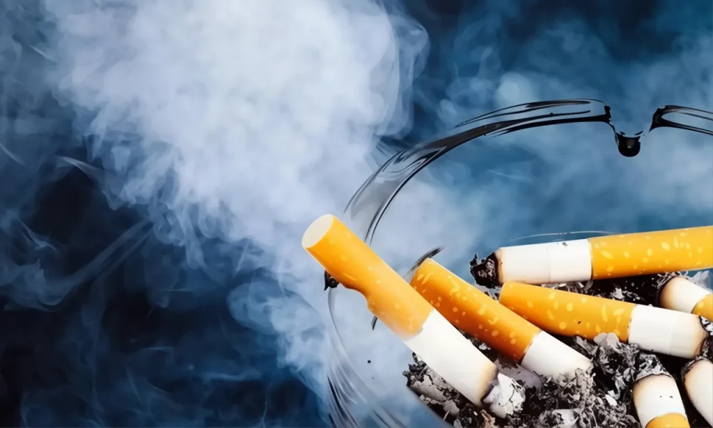 Relógio com fumaça de cigarro — representação visual dos anos de vida perdidos pelo tabagismo