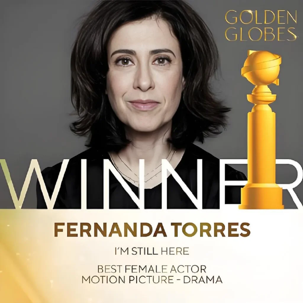 Troféu Oscar e cartaz de Ainda Estou Aqui — Melhor Filme Internacional 2025