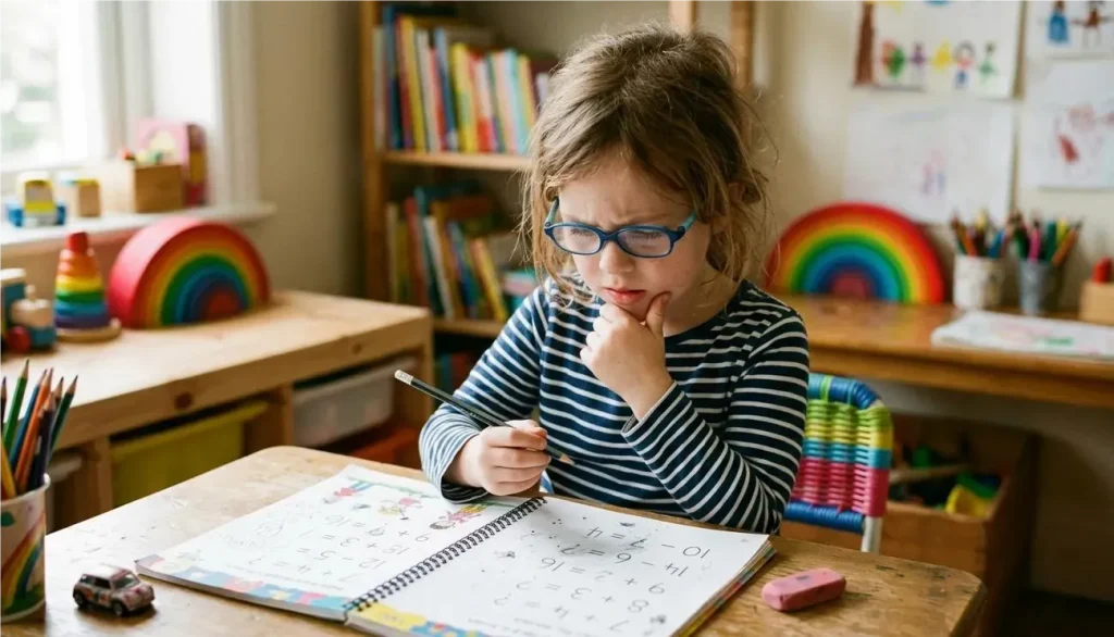 Criança brasileira aprendendo matemática na educação infantil.