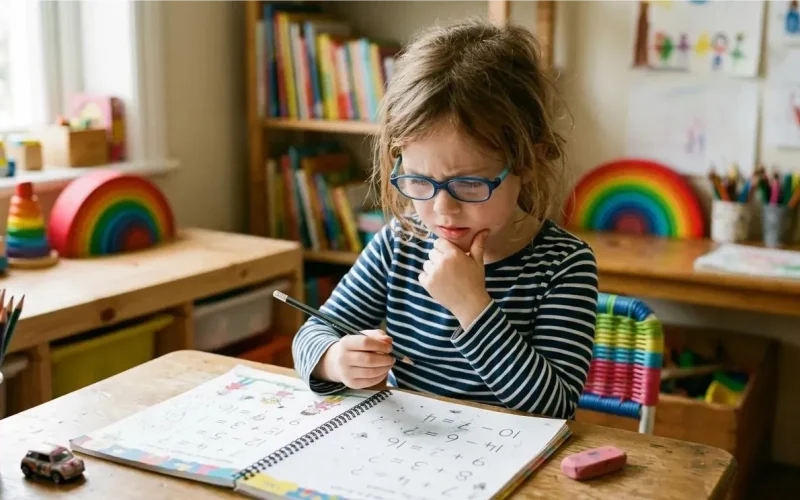 Criança brasileira aprendendo matemática na educação infantil.