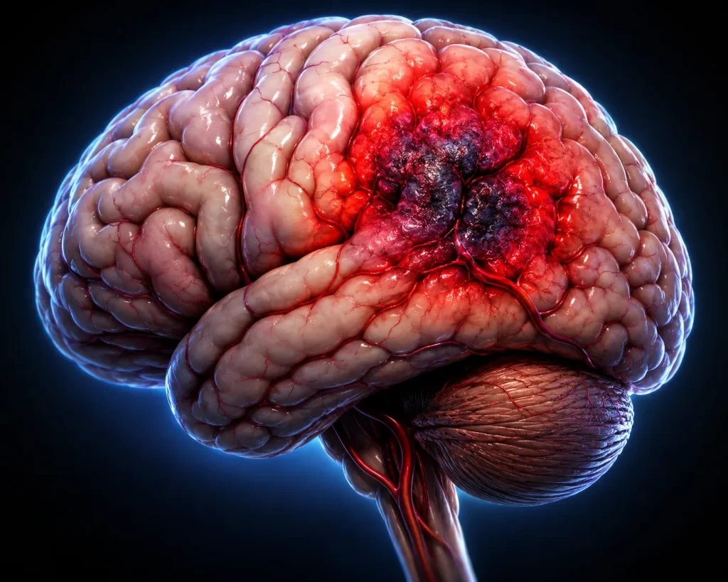 Ilustração 3D de cérebro humano com área de isquemia em destaque