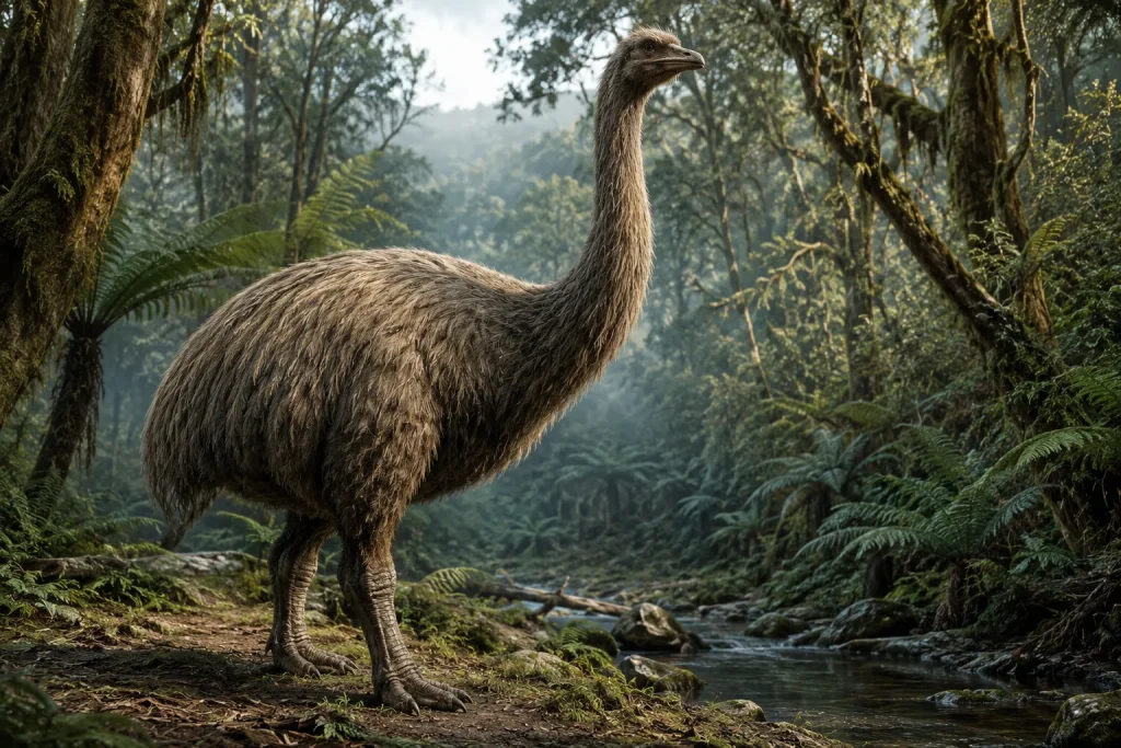 Reconstrução artística do moa gigante Dinornis robustus em floresta da Nova Zelândia.