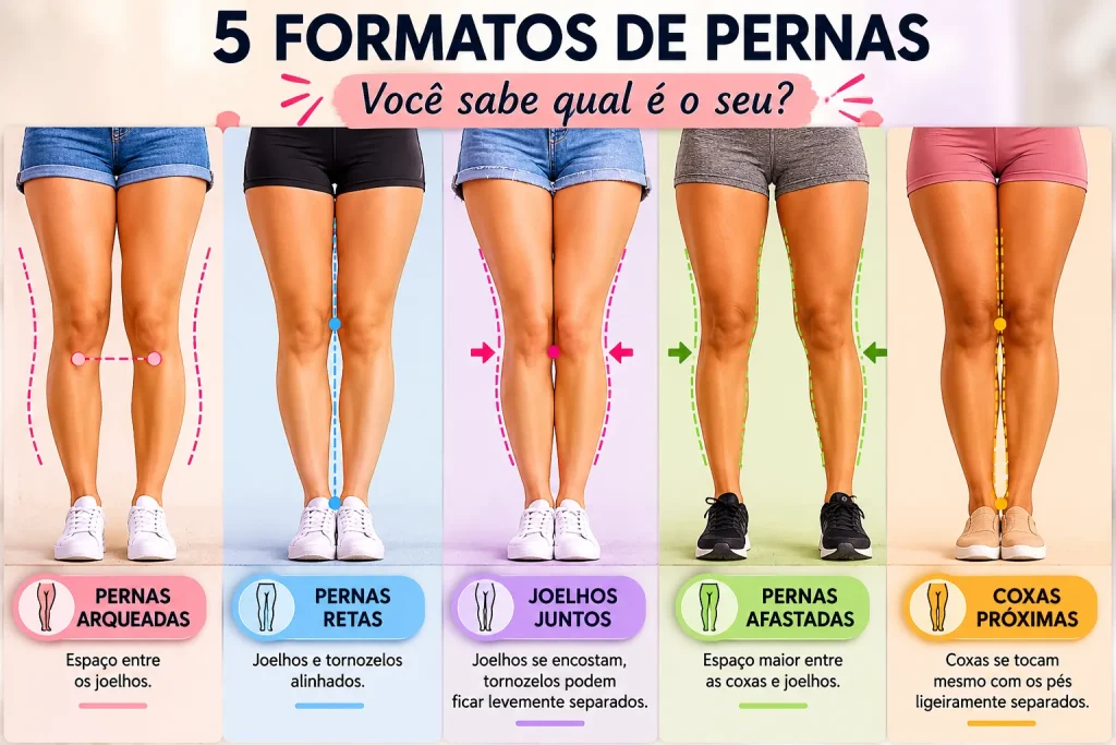  Infográfico mostrando 5 formatos de pernas (arqueadas, retas, joelhos juntos, afastadas, coxas próximas) com a pergunta: o formato das pernas revela personalidade?