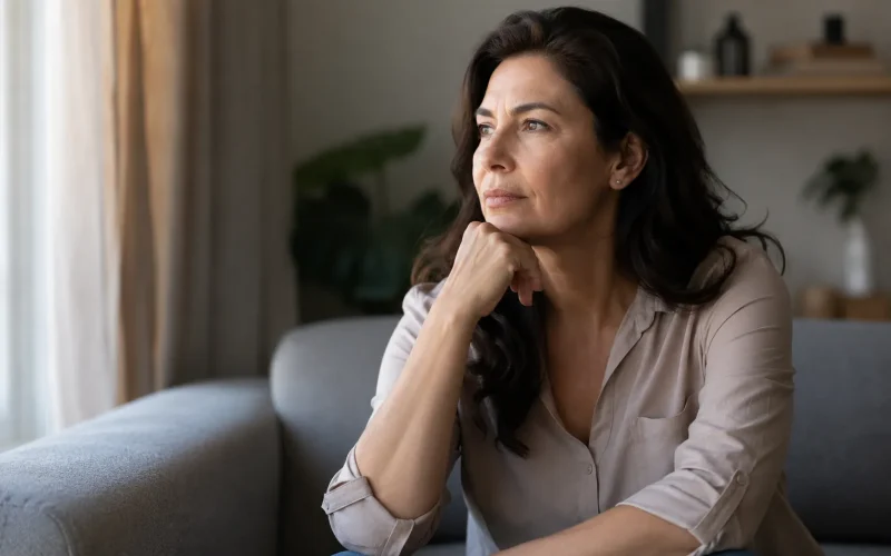 Mulher na meia-idade com expressão pensativa, representando memória e menopausa