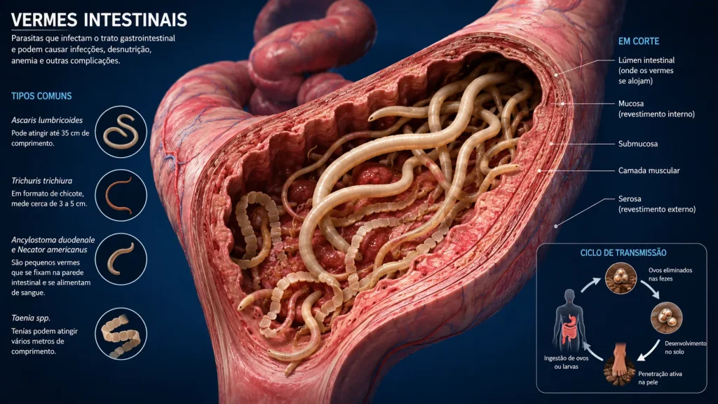Vermes intestinais parasitas e sua relação com a obesidade — ilustração científica