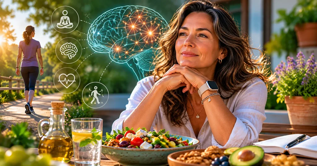 Mulher na menopausa praticando atividade física para proteger a saúde cerebral