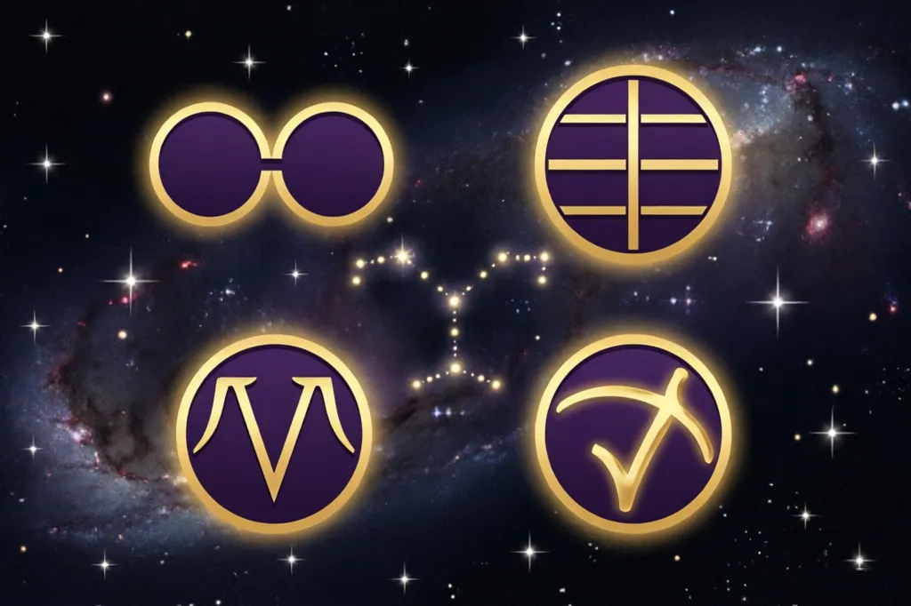 ilustração dos signos gêmeos, virgem, escorpião e sagitário no céu estrelado