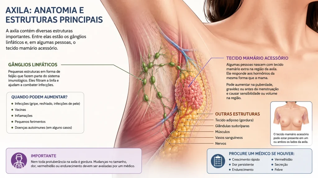 Ilustração da anatomia da axila com gânglios linfáticos e tecido mamário acessório