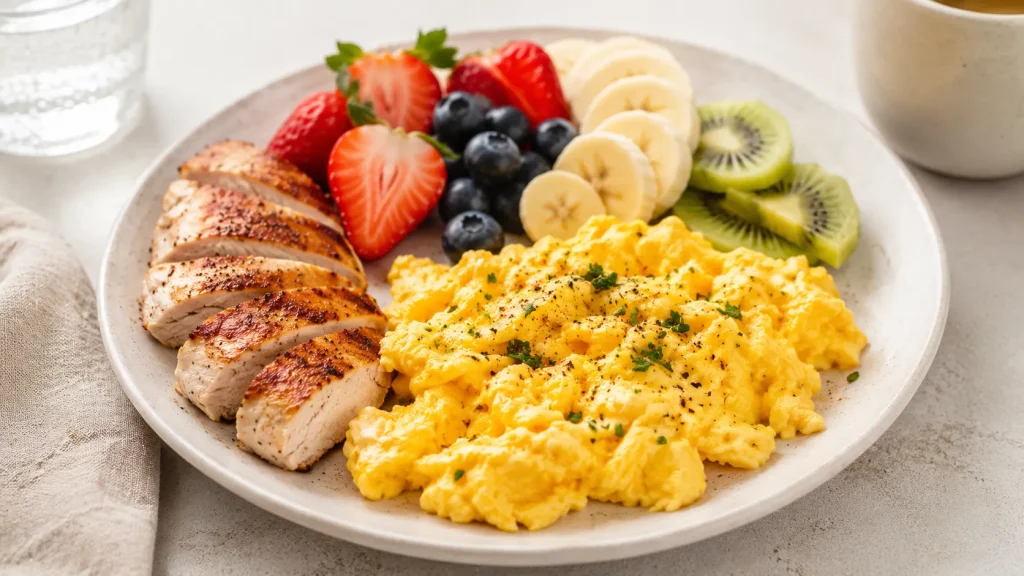  Café da manhã com ovo mexido e frutas, rico em proteína