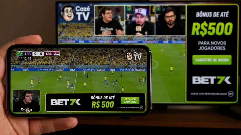 Transmissão CazéTV com anúncio de bet durante Copa 2026
