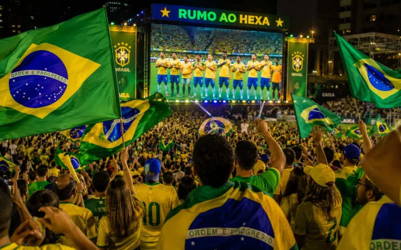 Torcedores brasileiros com bandeiras assistem à Copa do Mundo 2026