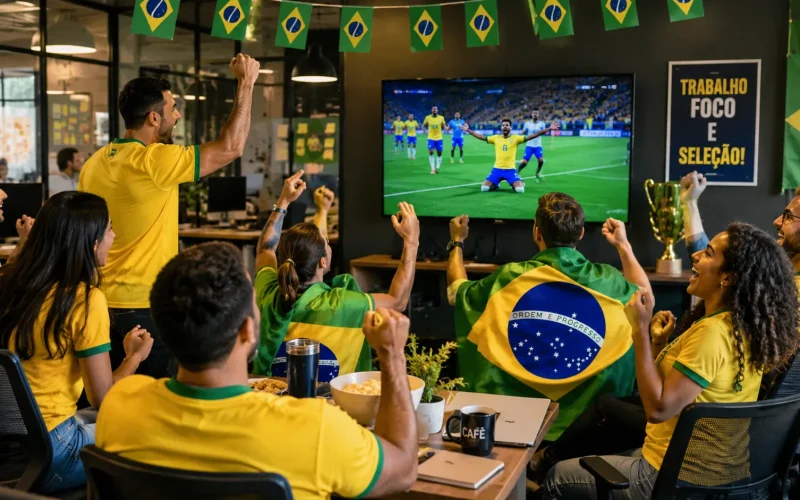 Funcionários assistindo ao jogo do Brasil na Copa 2026 durante o expediente