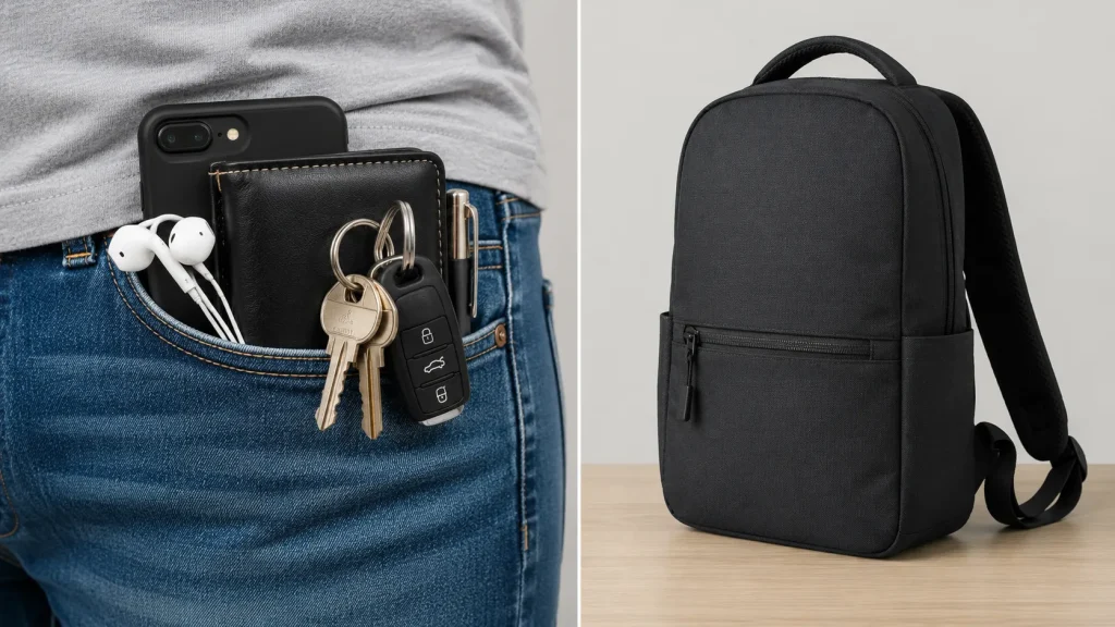 comparação entre bolso cheio e mochila masculina compacta