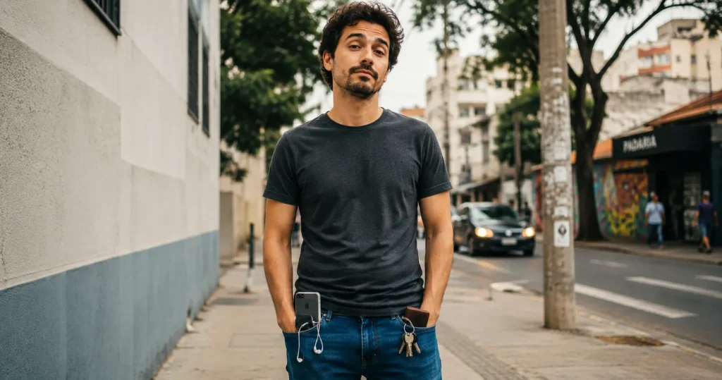 homem com bolsos cheios de objetos no dia a dia urbano