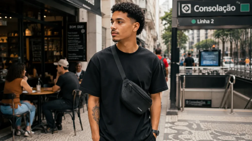 homem jovem usando pochete masculina em look urbano