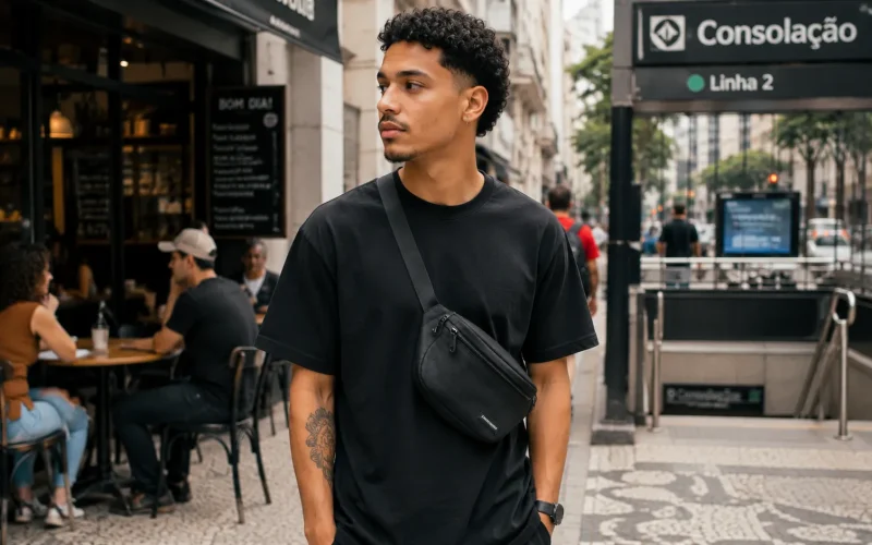 homem jovem usando pochete masculina em look urbano