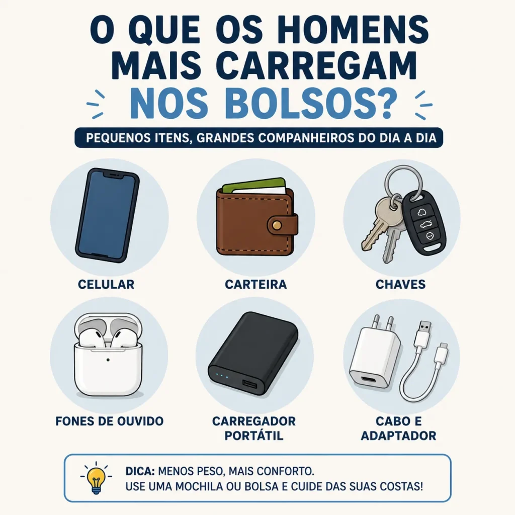 infográfico objetos mais carregados nos bolsos masculinos no dia a dia