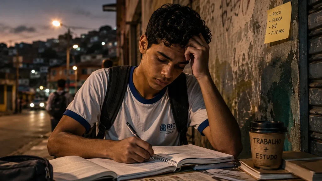 Adolescente trabalhando em feira informal no Brasil, representando o impacto do trabalho precoce na evasão escolar