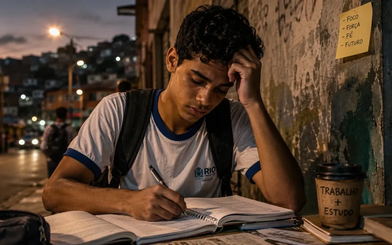 Adolescente trabalhando em feira informal no Brasil, representando o impacto do trabalho precoce na evasão escolar