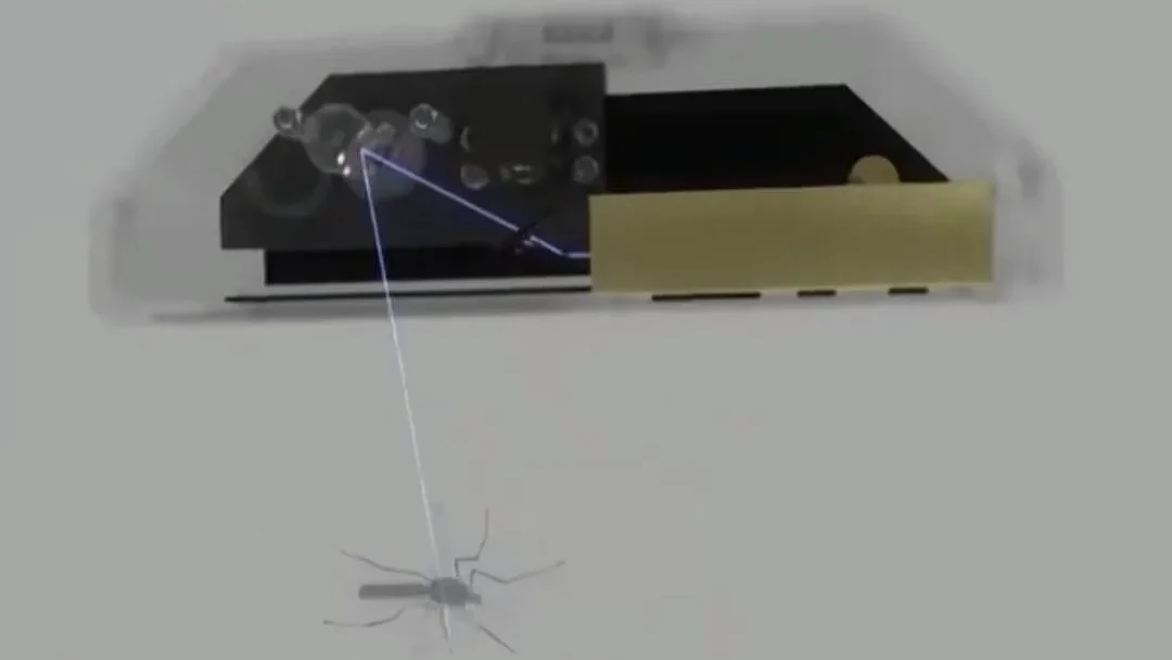 Dispositivo Photon Matrix disparando laser contra mosquito em voo — sistema LiDAR antimosquito
