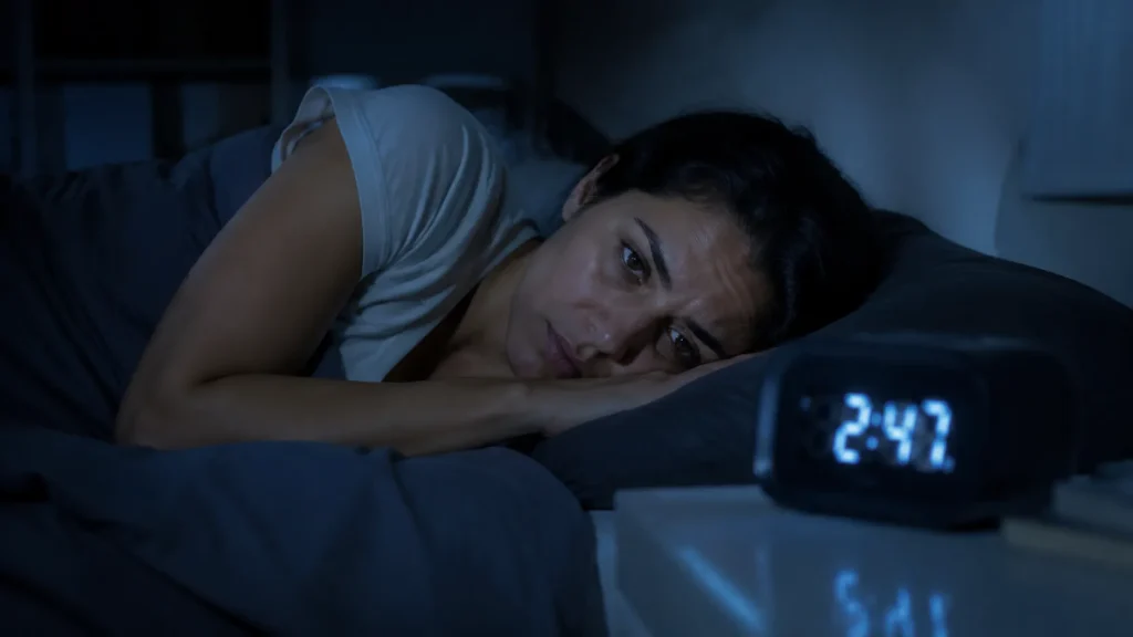 mulher acordada na cama de madrugada olhando para o relógio, sem conseguir dormir