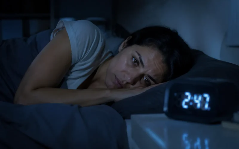 mulher acordada na cama de madrugada olhando para o relógio, sem conseguir dormir