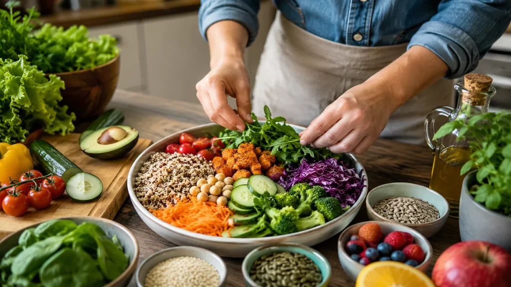 Prato com alimentos ricos em fibras que ajudam a fortalecer a flora intestinal e reduzir a inflamação.