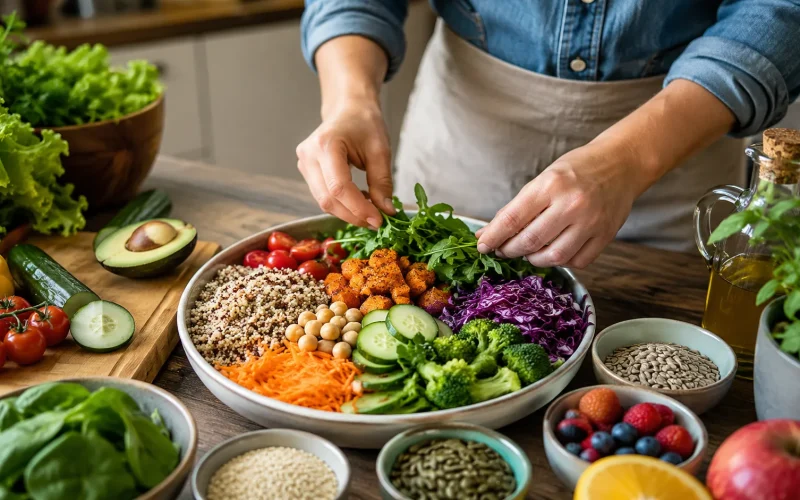 Prato com alimentos ricos em fibras que ajudam a fortalecer a flora intestinal e reduzir a inflamação.