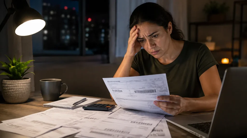 homem preocupado revisando contas e boletos à noite