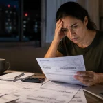 homem preocupado revisando contas e boletos à noite