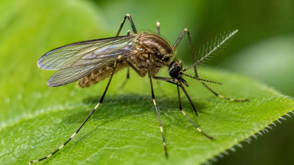 Close de um mosquito sobre uma folha, ilustrando seu papel na natureza e na cadeia alimentar.
