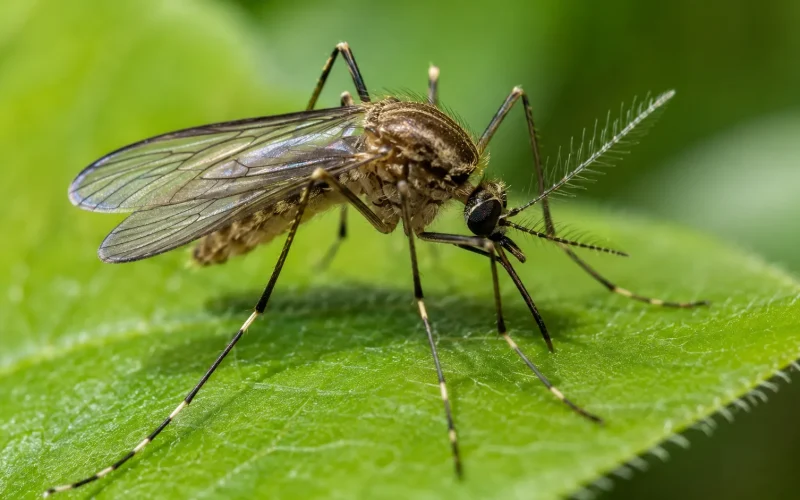 Close de um mosquito sobre uma folha, ilustrando seu papel na natureza e na cadeia alimentar.