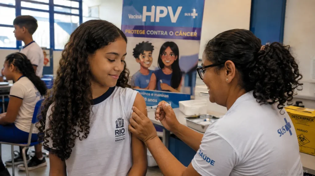 Adolescente recebe dose da vacina contra o HPV em campanha do SUS