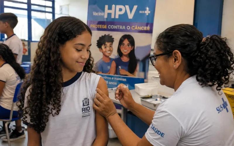 Adolescente recebe dose da vacina contra o HPV em campanha do SUS