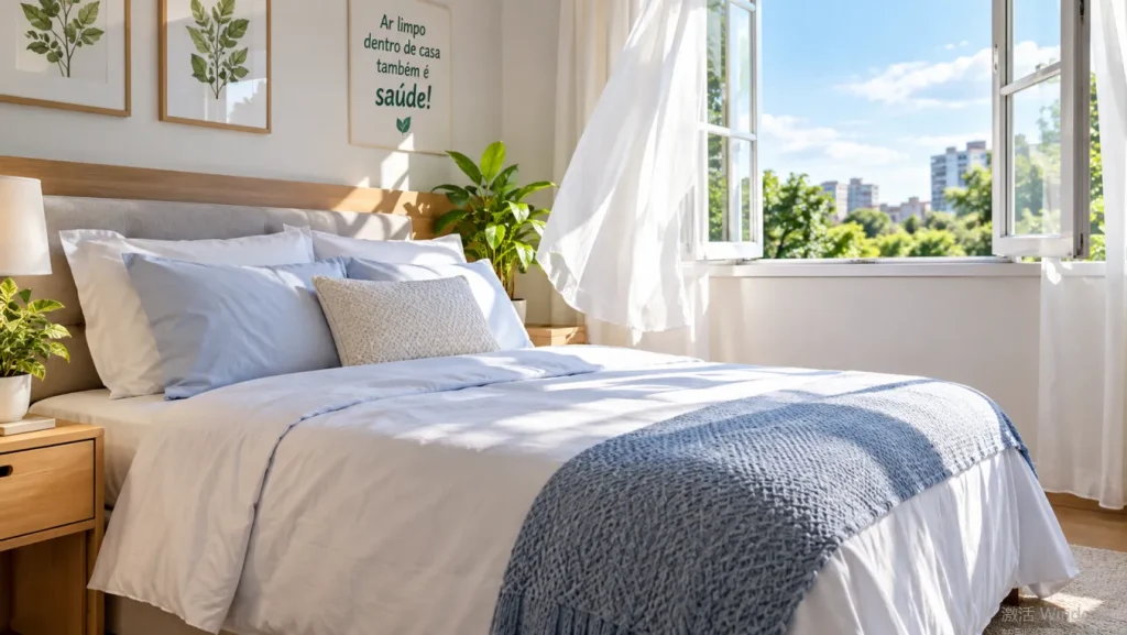Quarto com cama arrumada e janela aberta para o controle de ácaros