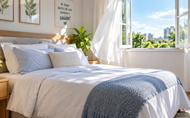 Quarto com cama arrumada e janela aberta para o controle de ácaros